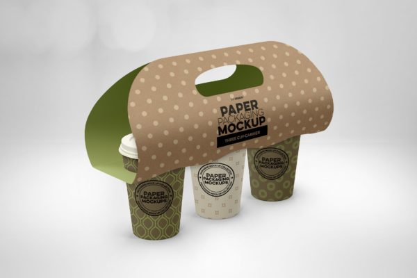 三个装纸杯饮料外带包装设计样机素材模板 Three Cup Paper Carrier Packaging Mockup