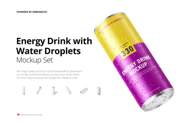 能量饮料罐头外观设计样机素材模板 Energy Drink Can Mock-up with Water Droplets