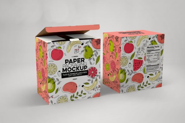 产品包装纸盒外观设计样机素材模板 Paper Box Tuck & Tongue Lock Mockup