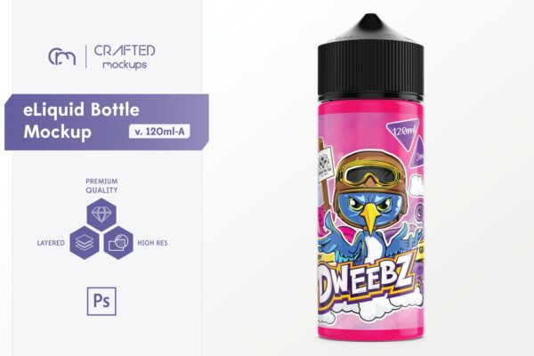 电子烟水果味烟油瓶外观设计样机素材模板 eLiquid Bottle Mockup v 120ml-A
