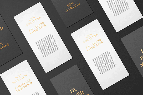 高端逼真质感得DL传单名片铝箔冲压特殊工艺VI样机素材展示模型mockups
