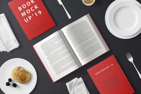 早餐餐桌硬纸封面书精装图书样机素材 Hard Cover Book Mockup – Breakfast Set