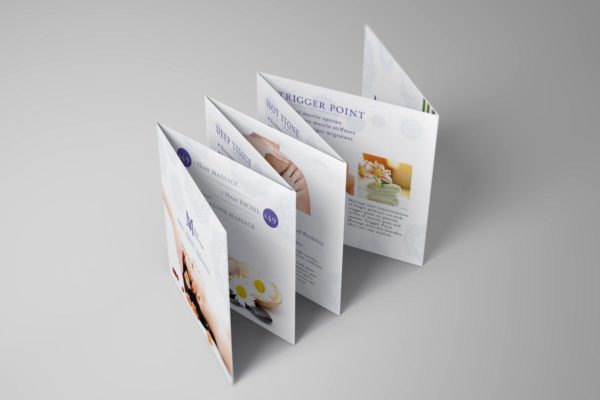 七折页方形迷你小册子印刷品样机素材 Square Mini Brochure Seven Panel Mockups 01