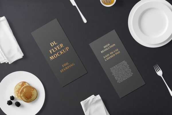 高端铝箔冲压工艺DL传单样机素材 DL Flyer With Foil Stamping Mockup – Breakfast Set