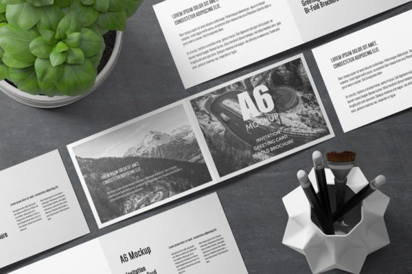 A6横向双折页宣传册样机素材 A6 Landscape Bi-Fold Brochure Greeting Card Mockup