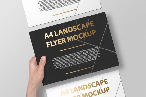 A4横向铝箔冲压工艺传单海报样机素材 A4 Landscape Flyer / Poster Mockup – Foil Stamping