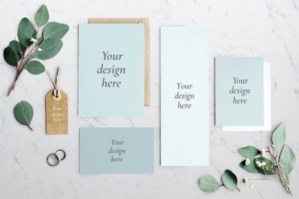 绿叶装饰婚礼邀请函样机素材套装 Wedding Invitation Mockup