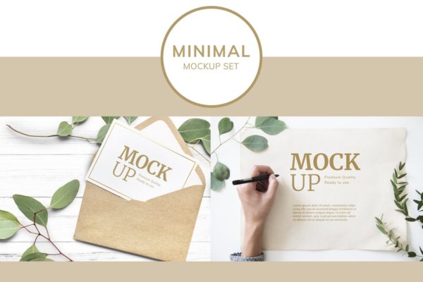 极简主义婚礼请柬/明信片/信封样机素材 Paper and Leaves Mockup