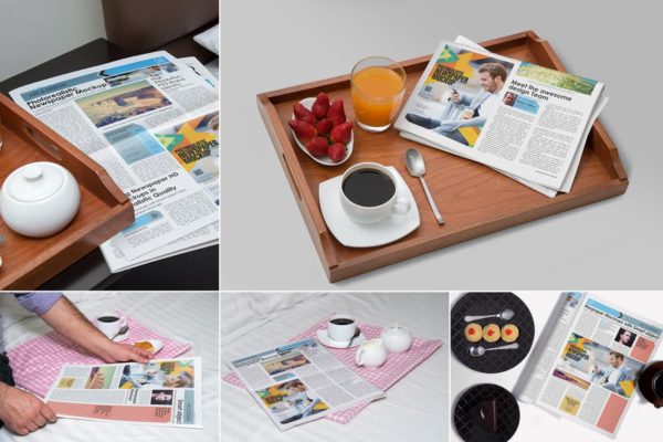 早餐场景新闻报纸广告展示样机素材模板v1 Newspaper Ad Mockups