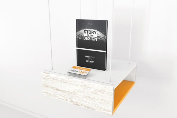 精装图书展柜样机素材模板 Hardcover Book With Price Tag Mockups