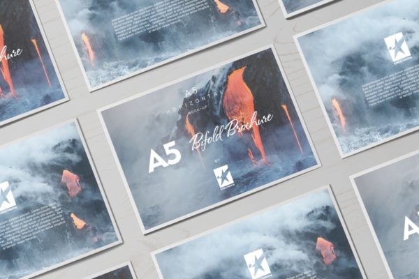 A5尺寸规格宣传册设计平铺视觉样机素材模板 Bi-Fold A5 Horizontal Brochure Mock-Ups Vol.1