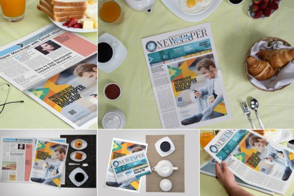 早餐读报场景报纸广告设计样机素材 Newspaper Ad Design Mockups