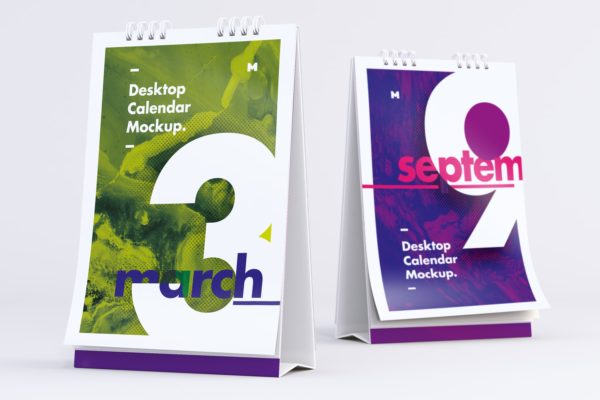 纵向活页桌面日历设计预览前视图＆后视图样机素材 Desktop Portrait Calendars Mockup Front and Back View