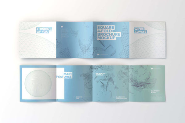 方形四折页企业传单/宣传册排版印刷效果图样机素材02 Spread Square 4-Fold Brochure Outside and Inside Mockup 02