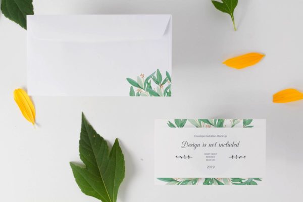 绿叶信封&邀请函样机素材设计模板 Envelope and Invitation Mock Up
