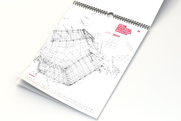 活页日历年历设计展开效果图样机素材模板 Opened Perspective Wall Portrait Calendar Mockup