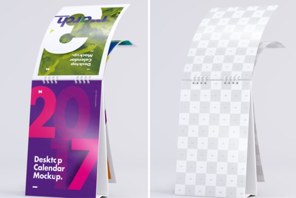 纵向桌面日历设计翻页效果样机素材模板2 Desktop Portrait Calendar Mockup Turning Pages 2
