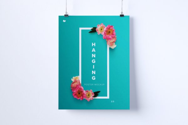 海报排版设计悬挂张贴效果预览样机素材模板 2:3 portrait hanging poster mockup