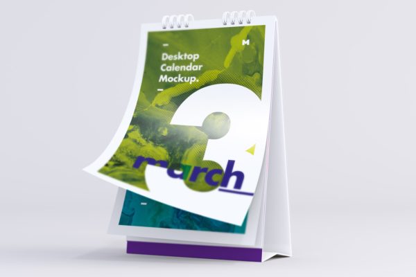 桌面纵向日历设计翻页效果样机素材模板 Desktop Portrait Calendar Mockup Turning Pages