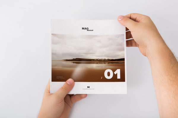 手持方形杂志封面设计预览样机素材01 Holding Closed Square Magazine Mockup 01