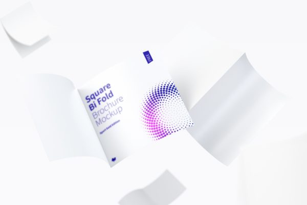 漂浮的方形对折小册子传单设计预览免费样机素材模板 FREE Square Bi Fold Brochure Mockup, Floating 3K