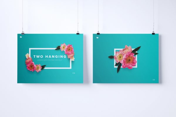 Twins悬挂海报设计效果图画框样机素材模板素材 Two 3:2 landscape hanging posters mockup