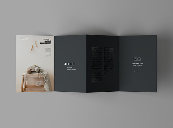 四折页风琴式传单设计效果图样机素材模板 4 Fold Accordion Brochure Mockup