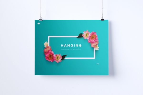 海报设计悬挂效果预览样机素材模板 3:2 landscape hanging poster mockup