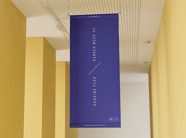 悬挂旗帜Banner设计效果图样机素材模型 Hanging Flag Banner Mockup