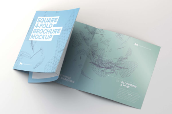 展开方形四折页小册子/传单设计展开效果样机素材 Unfolding Square 4-Fold Brochure Mockup