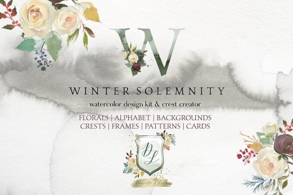冬季花卉花饰相关设计工具包（剪贴画、纹理&装饰字母） Winter Solemnity Floral Design Kit