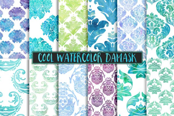 冷色调水彩绸缎纹理背景图片 Cool Watercolor Damask Backgrounds