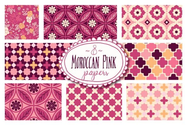 摩洛哥粉色风格装饰图案纸张纹理 Moroccan Pink Patterns – Vector