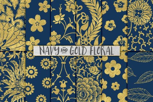海军蓝和金色花卉图案背景图片 Navy and Gold Floral Backgrounds