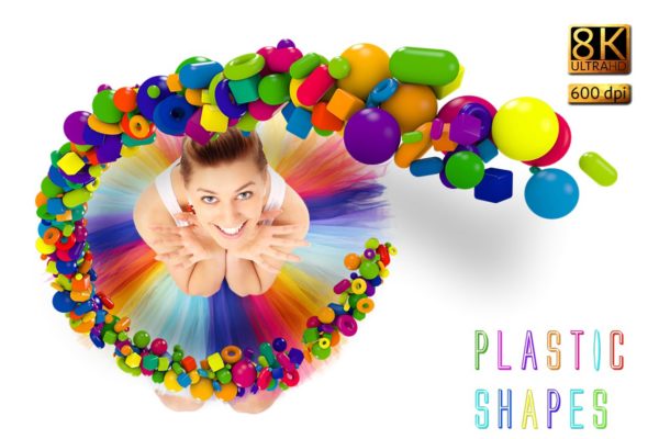 20款8K超高清多彩塑料物件组成形状叠层背景 Plastic Shapes