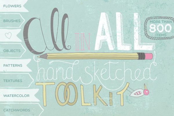 多合一手绘草图设计工具包[对象/笔刷/纹理/水彩…] All in All [800+ items] Pro