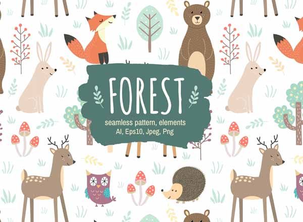 可爱的卡通森林动物无缝素材[png,eps]