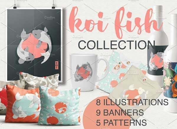 手绘锦鲤鱼插画及纹理 Koi Fish – illustrations & patterns