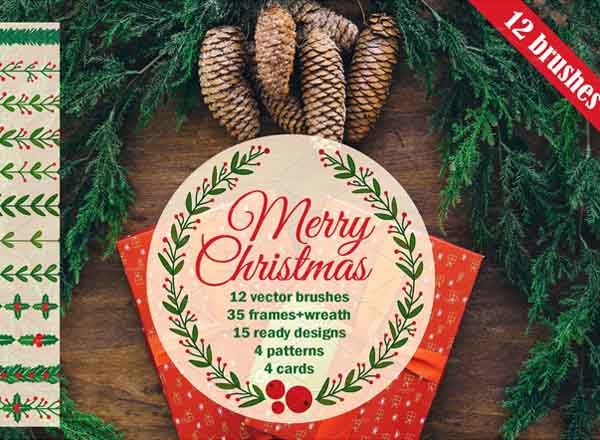 手绘无缝矢量圣诞花卉边框素材[eps]