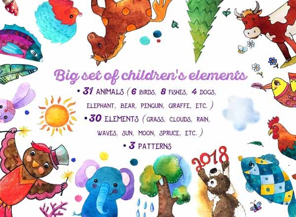 一大波儿童水彩手绘无缝背景素材[psd,png,jpg]