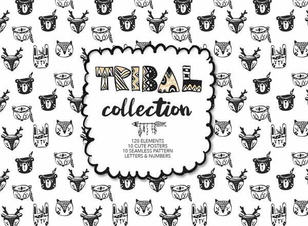 可爱的手绘部落动物无缝背景素材[eps,ai,svg,png]