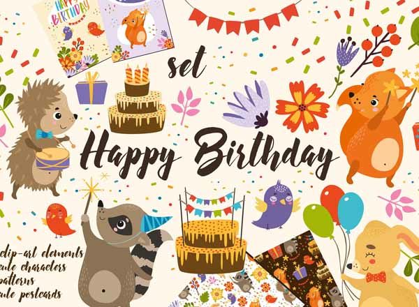 一组可爱动物生日主题背景素材[AI, EPS, JPG, PNG]