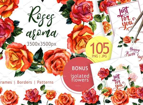 一组水彩手绘玫瑰花背景素材[png,jpg]