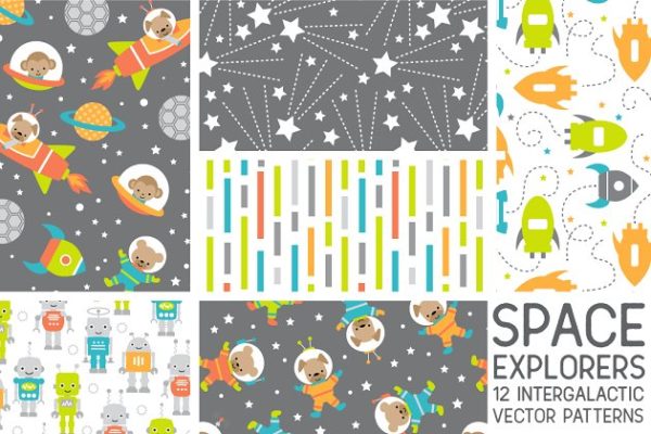 可爱现代太空元素图案纹理素材精选素材 Cute Modern Space Explorers Patterns