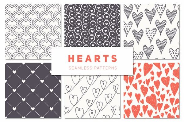心形无缝纹理集 Hearts Seamless Patterns Set