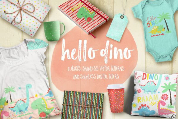 恐龙主题剪贴画无缝矢量图案纹理素材精选 Hello Dino Collections