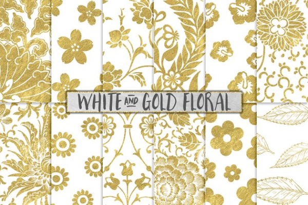 白色和金色花卉图案纹理素材精选背景 White and Gold Floral Backgrounds
