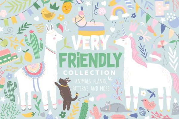 充满爱的手绘动植物剪贴画&纹理 Very Friendly Collection Pro