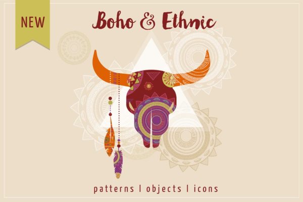波希米亚部落文化纹理+图标 Boho & Ethnic set. Patterns + icons