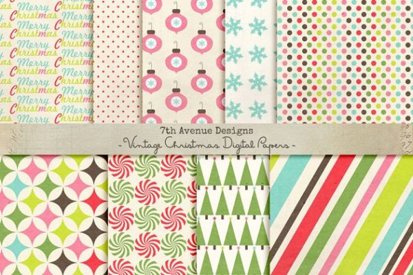 复古圣诞节主题图案纸张纹理 Vintage Christmas Digital Papers